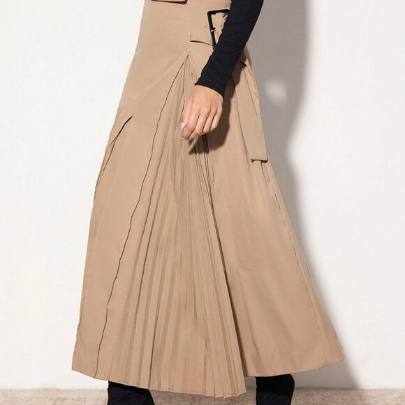 Khaki Elegant Women's Buckle Strap Pleated Skirt - Picture 5 of 7